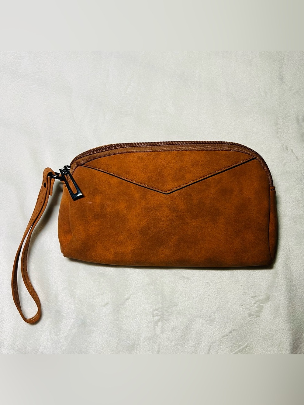 Cognac Faux Leather Minimalist Wristlet Cosmetic Pouch